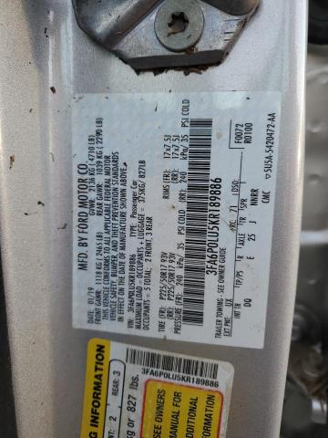 3FA6P0LU5KR189886 - 2019 FORD FUSION SE SILVER photo 12