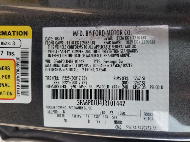 3FA6P0LU4JR101442 - 2018 FORD FUSION SE HYBRID GRAY photo 12