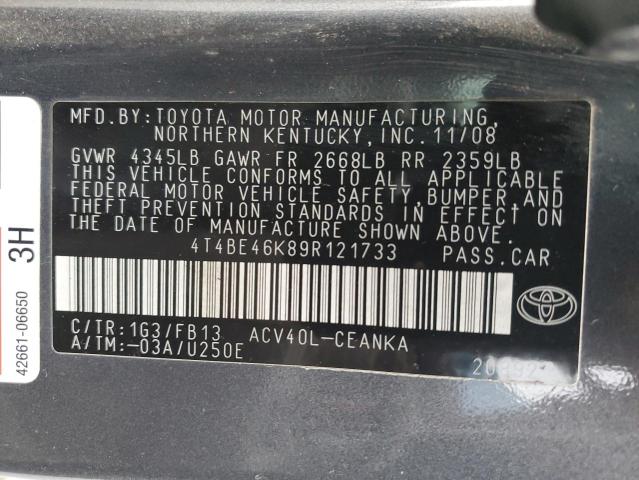 4T4BE46K89R121733 - 2009 TOYOTA CAMRY BASE CHARCOAL photo 12