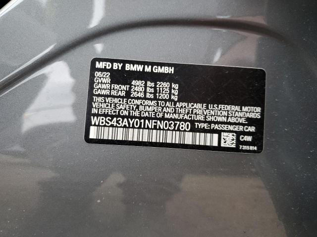 WBS43AY01NFN03780 - 2022 BMW M3 COMPETITION GRAY photo 12