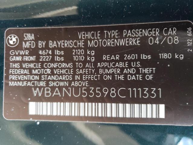 WBANU53598C111331 - 2008 BMW 528 I GREEN photo 13