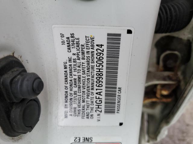 2HGFA16998H506924 - 2008 HONDA CIVIC EXL WHITE photo 12