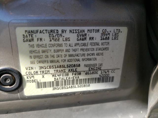 3N1CB51A85L520858 - 2005 NISSAN SENTRA 1.8S SILVER photo 12