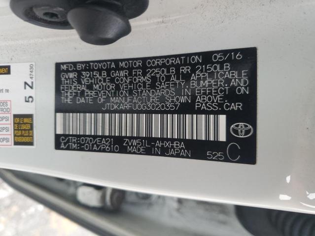 JTDKARFU0G3020357 - 2016 TOYOTA PRIUS WHITE photo 12