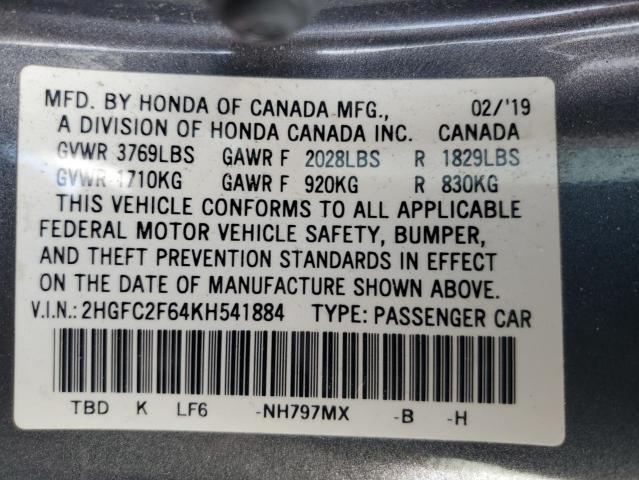 2HGFC2F64KH541884 - 2019 HONDA CIVIC LX GRAY photo 12