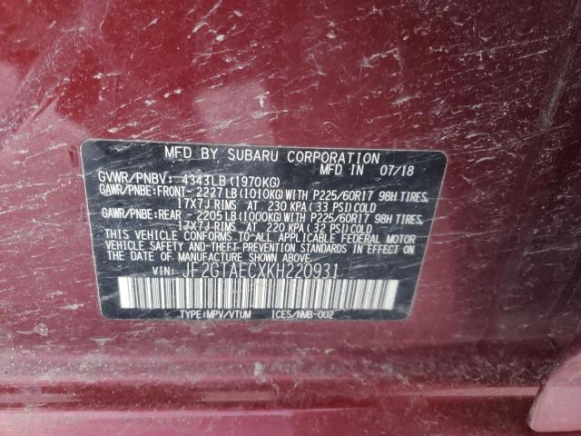 JF2GTAECXKH220931 - 2019 SUBARU CROSSTREK PREMIUM RED photo 12