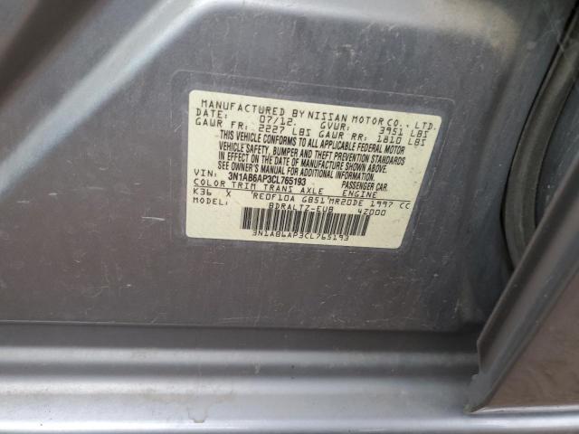 3N1AB6AP3CL765193 - 2012 NISSAN SENTRA 2.0 SILVER photo 12