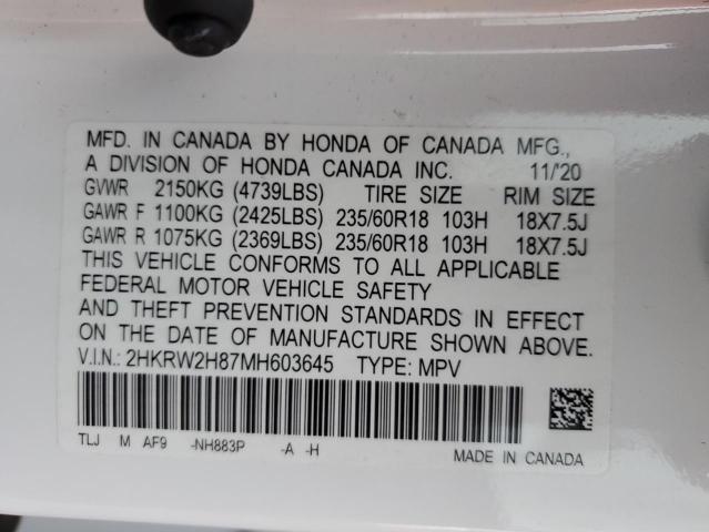 2HKRW2H87MH603645 - 2021 HONDA CR-V EXL WHITE photo 13