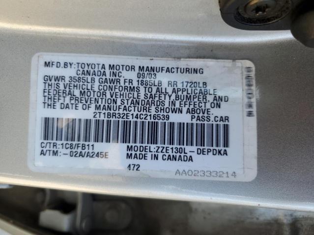 2T1BR32E14C216539 - 2004 TOYOTA CARROLLA CE SILVER photo 12