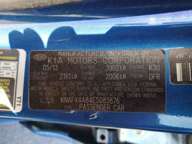 KNAFX4A84E5083876 - 2014 KIA FORTE EX BLUE photo 12