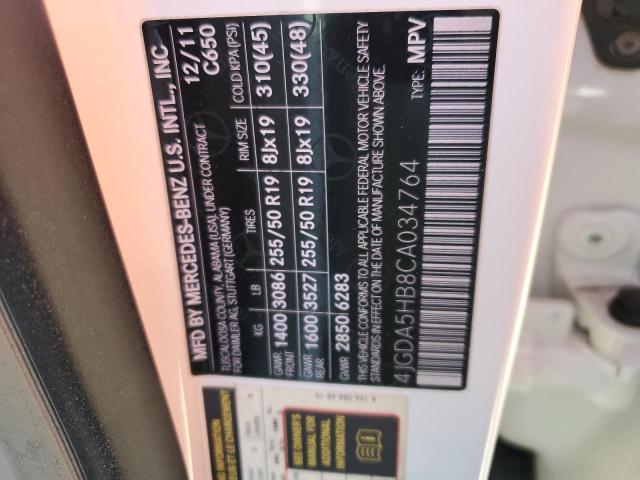 4JGDA5HB8CA034764 - 2012 MERCEDES-BENZ ML 350 4MATIC WHITE photo 12