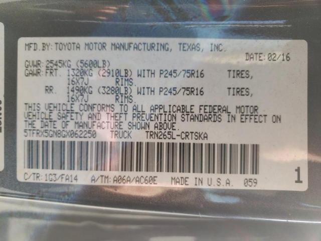 5TFRX5GN8GX062250 - 2016 TOYOTA TACOMA ACCESS CAB ნაცრისფერი ფოტო 10