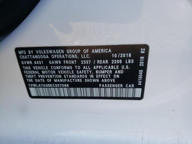 1VWLA7A35KC007066 - 2019 VOLKSWAGEN PASSAT WOLFSBURG WHITE photo 12