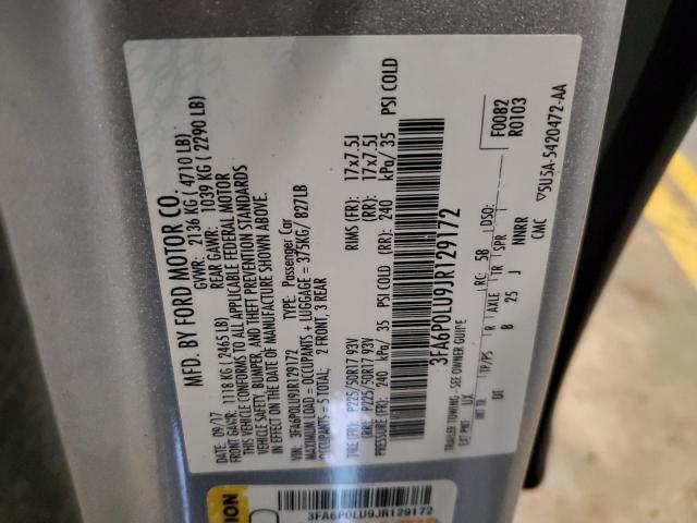 3FA6P0LU9JR129172 - 2018 FORD FUSION SE HYBRID SILVER photo 12