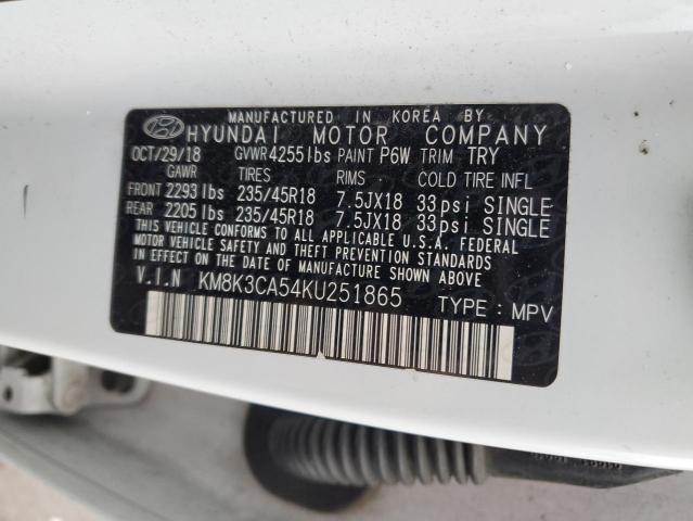 KM8K3CA54KU251865 - 2019 HYUNDAI KONA LIMITED WHITE photo 13