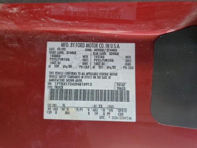 1FTRX17242NB10913 - 2002 FORD F150 RED photo 12