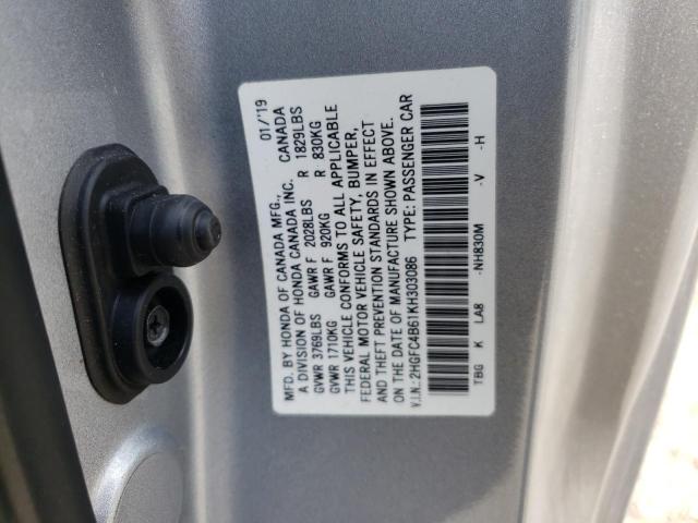 2HGFC4B61KH303086 - 2019 HONDA CIVIC LX SILVER photo 12