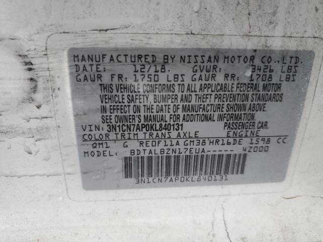 3N1CN7AP0KL840131 - 2019 NISSAN VERSA S WHITE photo 12