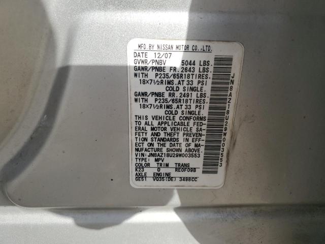 JN8AZ18U29W003553 - 2009 NISSAN MURANO S SILVER photo 12