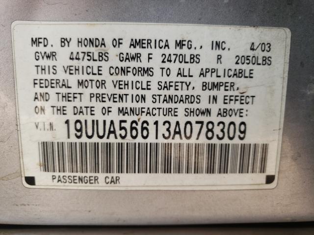 19UUA56613A078309 - 2003 ACURA 3.2TL SILVER photo 10