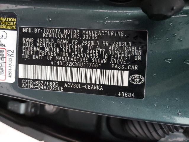 4T1BE32K36U117661 - 2006 TOYOTA CAMRY LE GREEN photo 12