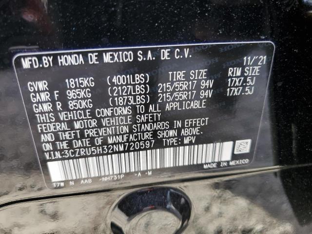 3CZRU5H32NM720597 - 2022 HONDA HR-V LX BLACK photo 12