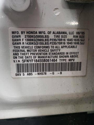 5FNYF18455B061464 - 2005 HONDA PILOT EX WHITE photo 12