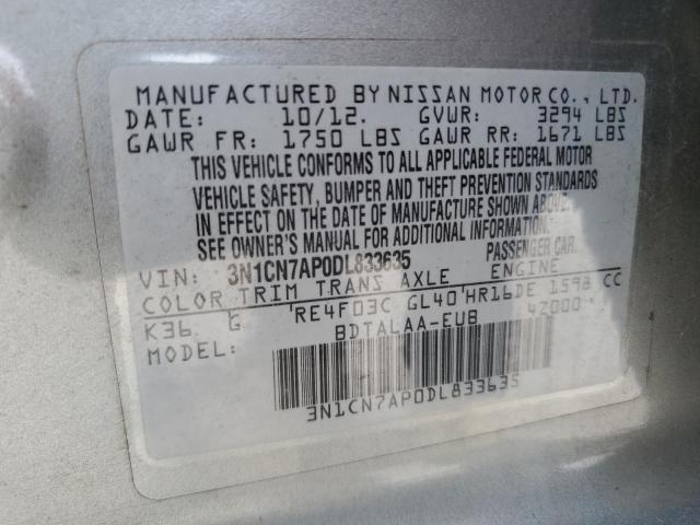 3N1CN7AP0DL833635 - 2013 NISSAN VERSA S GRAY photo 12