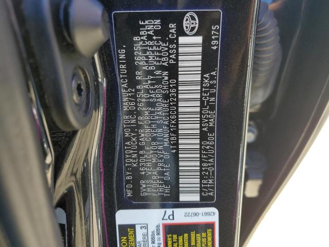 4T1BF1FK6CU123610 - 2012 TOYOTA CAMRY BASE BLACK photo 12