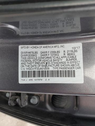 1HGCV1F33JA018009 - 2018 HONDA ACCORD SPORT GRAY photo 12