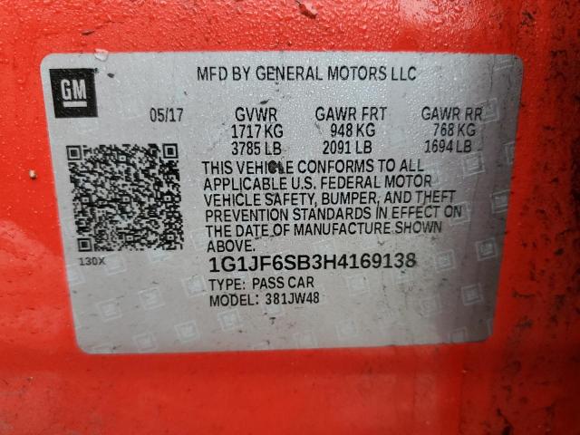 1G1JF6SB3H4169138 - 2017 CHEVROLET SONIC PREMIER RED photo 12