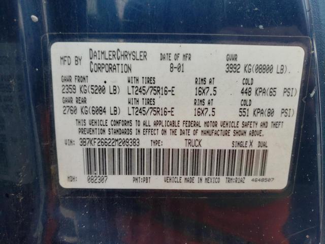 3B7KF26622M209383 - 2002 DODGE RAM 2500 BLUE photo 12