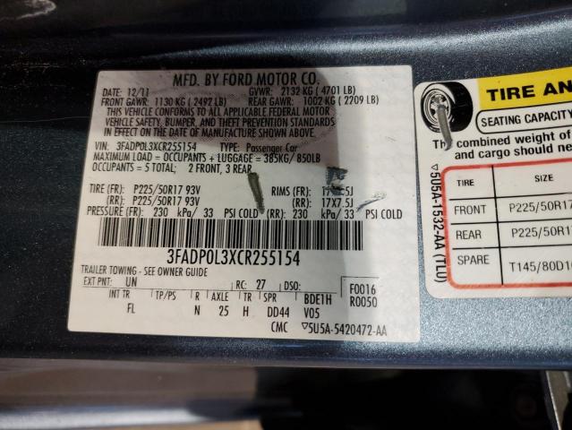 3FADP0L3XCR255154 - 2012 FORD FUSION HYBRID BLUE photo 12