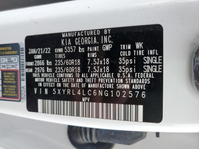 5XYRL4LC6NG102576 - 2022 KIA SORENTO S WHITE photo 13