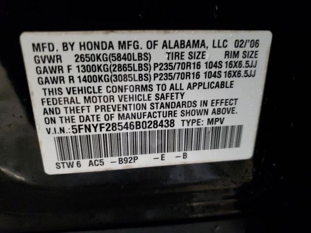 5FNYF28546B028438 - 2006 HONDA PILOT EX BLACK photo 13