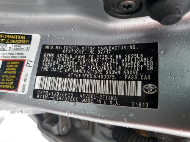 4T1BF1FKXHU403375 - 2017 TOYOTA CAMRY LE BURN photo 12