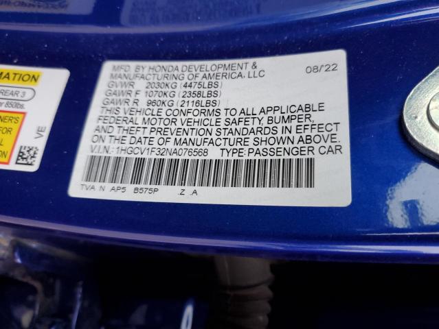 1HGCV1F32NA076568 - 2022 HONDA ACCORD SPORT BLUE photo 12