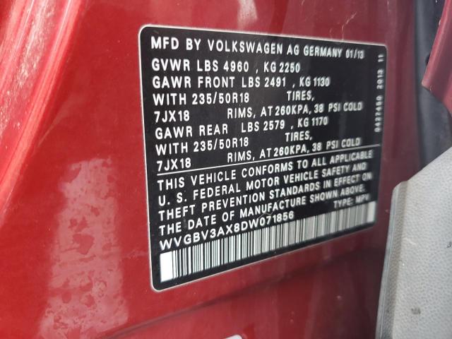 WVGBV3AX8DW071856 - 2013 VOLKSWAGEN TIGUAN S RED photo 13