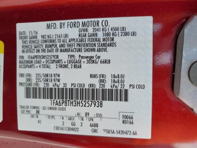 1FA6P8TH3H5257938 - 2017 FORD MUSTANG RED photo 12