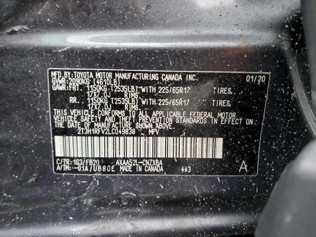 2T3H1RFV2LC049838 - 2020 TOYOTA RAV4 LE CHARCOAL photo 12