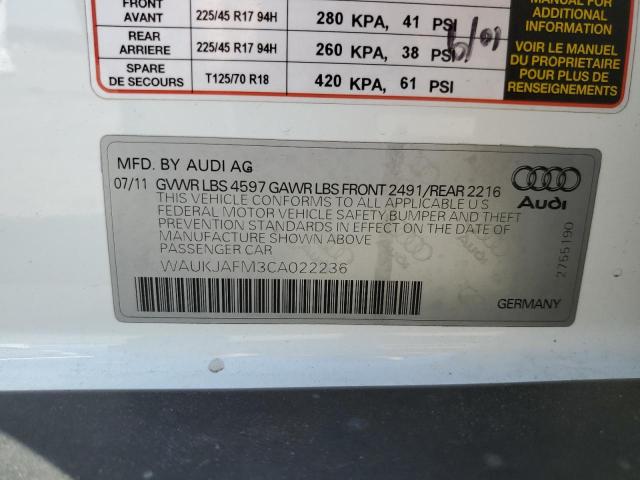 WAUKJAFM3CA022236 - 2012 AUDI A3 PREMIUM PLUS WHITE photo 12