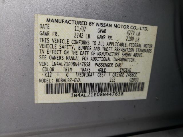 1N4AL21E08N447658 - 2008 NISSAN ALTIMA 2.5 SILVER photo 12