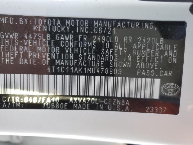 4T1C11AK1MU478809 - 2021 TOYOTA CAMRY LE WHITE photo 13