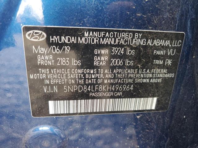 5NPD84LF8KH496964 - 2019 HYUNDAI ELANTRA SEL BLUE photo 12