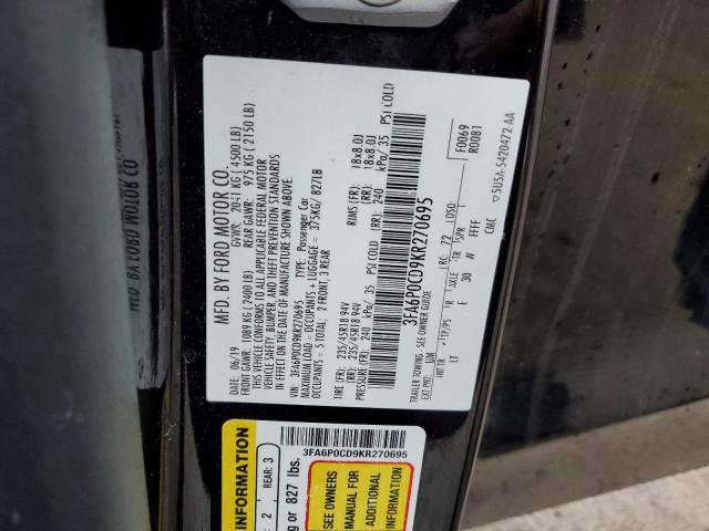 3FA6P0CD9KR270695 - 2019 FORD FUSION SEL BLACK photo 12