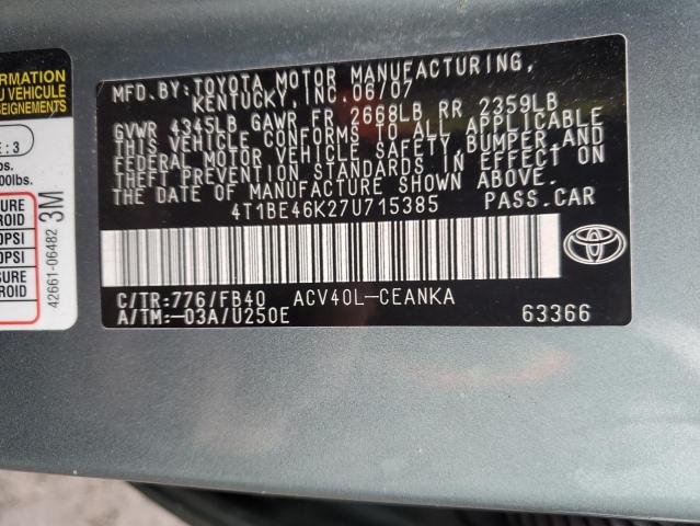 4T1BE46K27U715385 - 2007 TOYOTA CAMRY CE TEAL photo 12