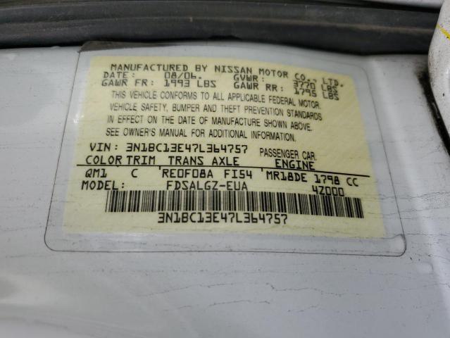 3N1BC13E47L364757 - 2007 NISSAN VERSA S WHITE photo 12