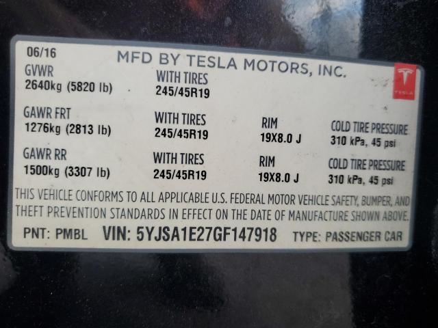 5YJSA1E27GF147918 - 2016 TESLA MODEL S BLACK photo 12