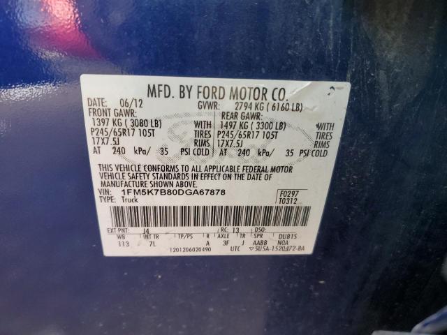 1FM5K7B80DGA67878 - 2013 FORD EXPLORER BLUE photo 13