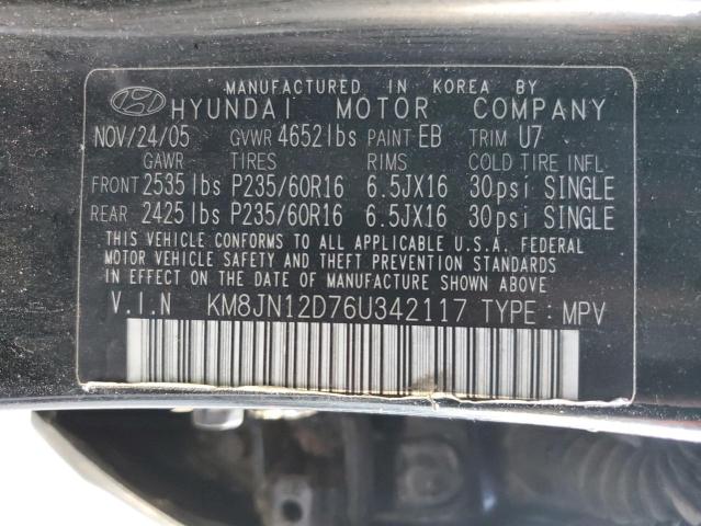 KM8JN12D76U342117 - 2006 HYUNDAI TUCSON GLS BLACK photo 13